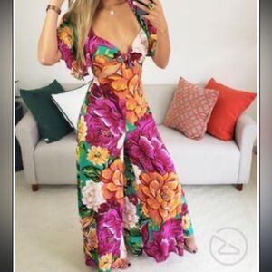 FARM Rio Colorful Floral VNeck Wide Leg Jumpsuit